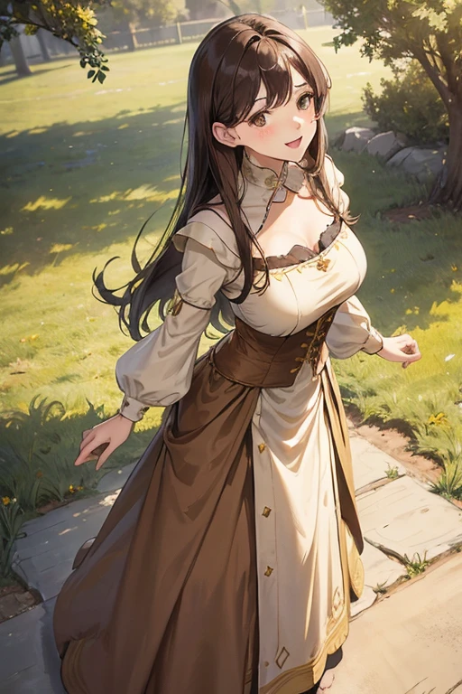 A straight haired brunette adult female standing on the ground, wearing loose bodice brown dress with cuff sleeves, low neckline, medieval, brown hair, large long shaped tits, silly personalty, cute happy demeanor, sunny disposition, deredere,
