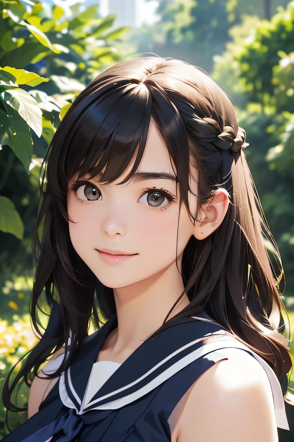 Highest quality、High resolution、Detailed Background、(Beautiful face in every detail:1.4)、Anatomically correct、Normal number of fingers、(Detailed facial expressions)、(Detailed eyes:1.2)、age beauty、(Highly detailed face:1.4)、(Huge breasts:1.2)、Perfect body line、cute hair color、Wavy Hairstyle、cute hairstyle、well-groomed eyebrows、Sunny outdoors、smile、A fun atmosphere、Cute gestures、(Two girls from A fun atmosphere:1.5)、Sleeveless sheer sailor blouse、ribbon、cute