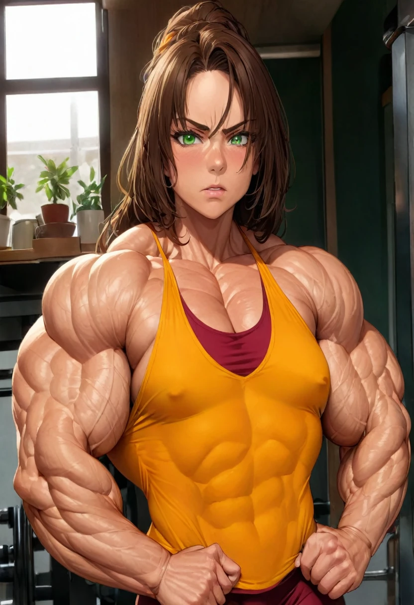 muscle woman with brunette hair, woman with huge muscles, mature woman, stern expression, green eyes