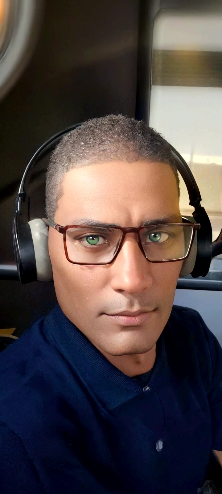 a dark-skinned man, 40 years old, wearing headphones, has green eyes, inside a bus, transparent glasses with brown frames, no beard, short hair, disney pixar art style, 3d render, photorealistic, cinematic lighting, highly detailed, intricate, masterpiece