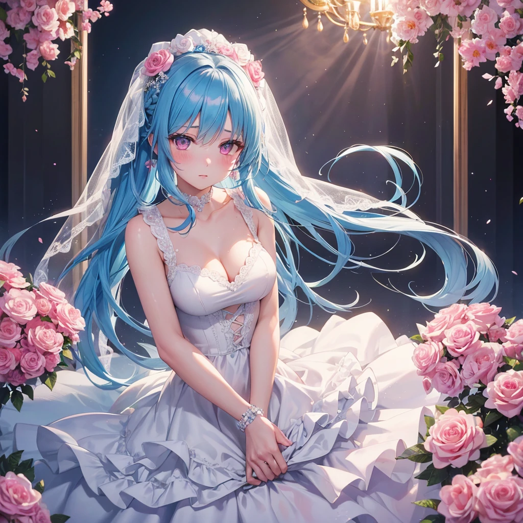 Sky blue hair, (Braided Ponytail),(Pink Eyes),Fair skin ,(whole body),(1 Girl),bride,blush,Straight bangs, 6月のbride,Wedding dress,(masterpiece, Highest quality, Very detailed, Best Shadow), (Detailed Background), (Beautifully detailed face), High Contrast, (Best lighting, Very delicate and beautiful), ((Cinematic Light)), colorful, Hyper Detail, Dramatic Light, Intricate details,Wedding hall,Rose flower。