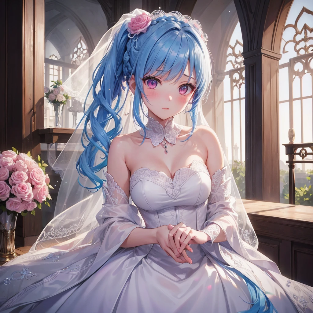 Sky blue hair, (Braided Ponytail),(Pink Eyes),Fair skin ,(whole body),(1 Girl),bride,blush,Straight bangs, 6月のbride,Wedding dress,(masterpiece, Highest quality, Very detailed, Best Shadow), (Detailed Background), (Beautifully detailed face), High Contrast, (Best lighting, Very delicate and beautiful), ((Cinematic Light)), colorful, Hyper Detail, Dramatic Light, Intricate details,Wedding hall,Rose flower。