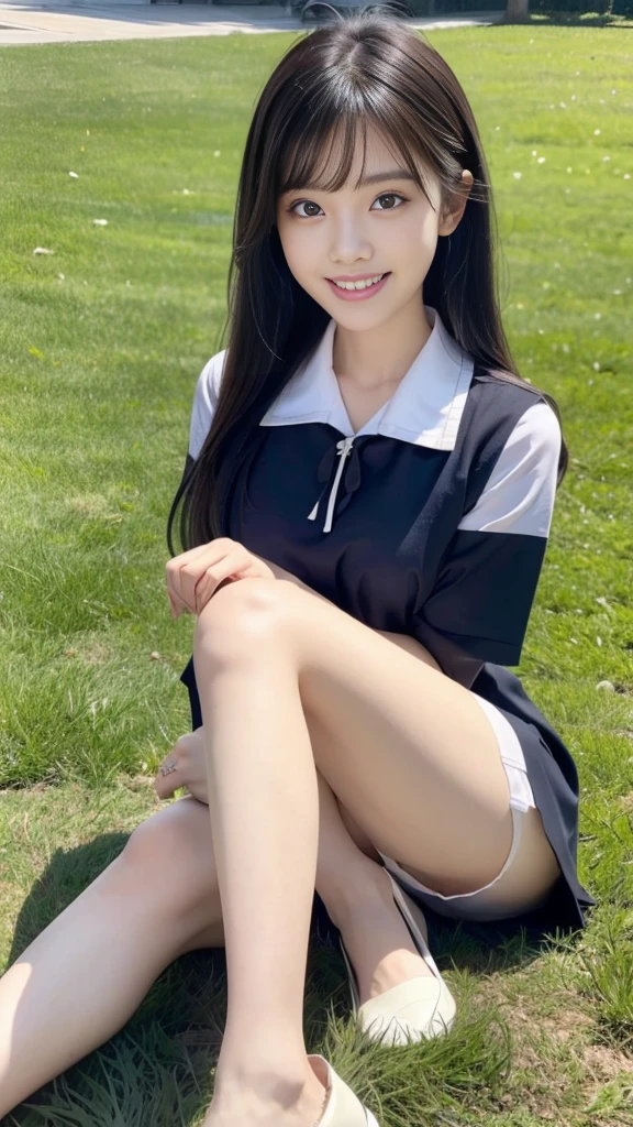 A scene of a black-haired woman wearing a sailor uniform sitting on the grass on a sunny day with a big smile