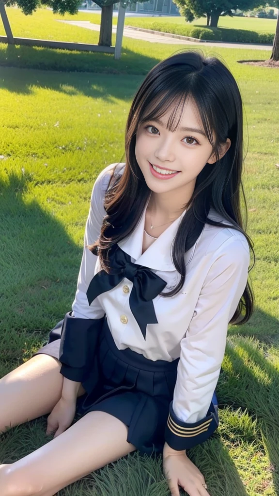 A scene of a black-haired woman wearing a sailor uniform sitting on the grass on a sunny day with a big smile