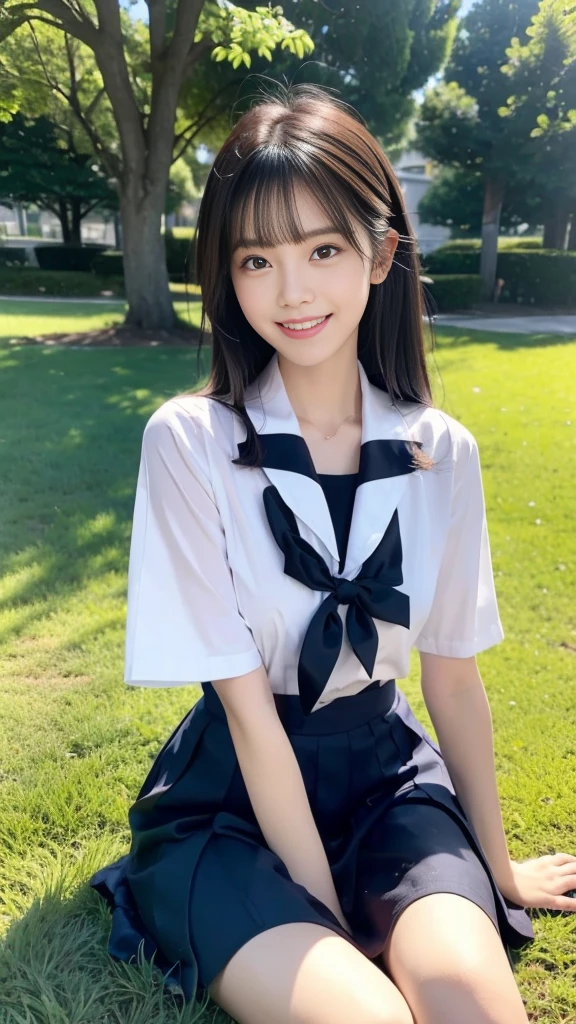 A scene of a black-haired woman wearing a sailor uniform sitting on the grass on a sunny day with a big smile