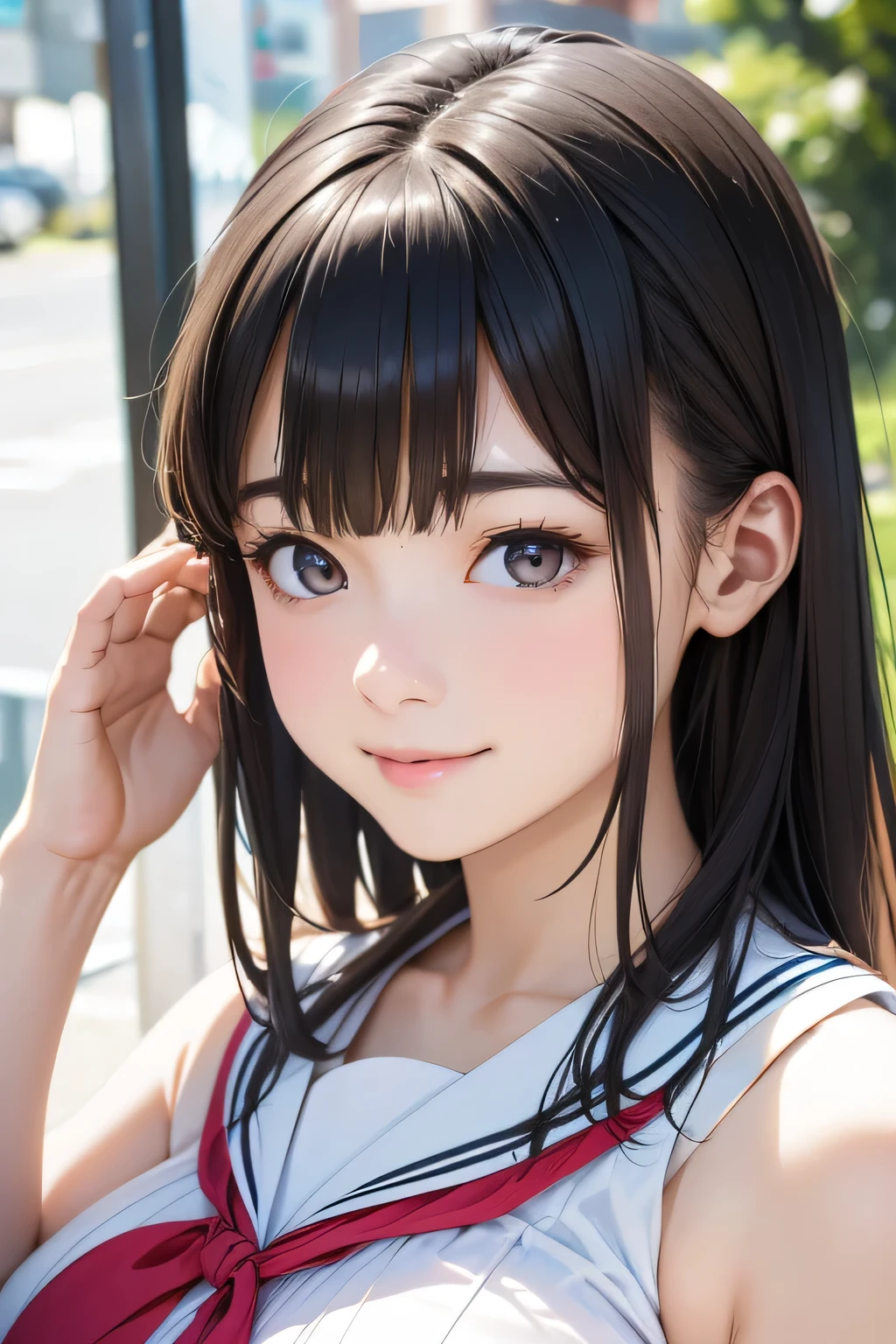 Highest quality、High resolution、Detailed Background、(Beautiful face in every detail:1.4)、Anatomically correct、Normal number of fingers、(Detailed facial expressions)、(Detailed eyes:1.2)、age beauty、(Highly detailed face:1.4)、(Huge breasts:1.2)、Perfect body line、cute hair color、Wavy Hairstyle、cute hairstyle、well-groomed eyebrows、Sunny outdoors、smile、A fun atmosphere、Cute gestures、(Two girls from A fun atmosphere:1.5)、Sleeveless sheer sailor blouse、ribbon、cute