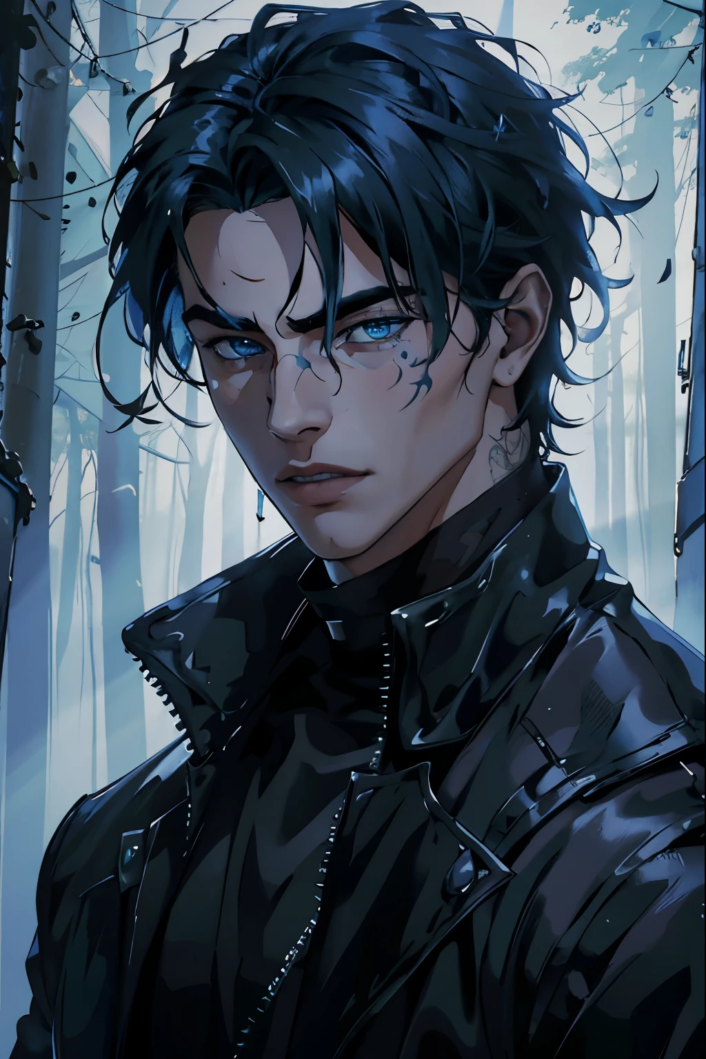 8K, complex, elegant, Highly detailed, majestic, digital photography, surreal painting, defeat magic, Sinuous Lightning, (masterpiece, Side light, fine and beautiful eyes: 1.2), HDR, (bright blue eyes)), Naked upper body, (bright tattoo), handsome boy, cana, musculature, black skin, demon horn, Raining, handsome, in front of camera, masterpiece