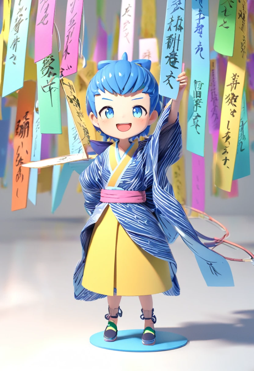 Tanabata Hikoboshi、Blue kimono full body、Please draw a cool guy Make it 3D
