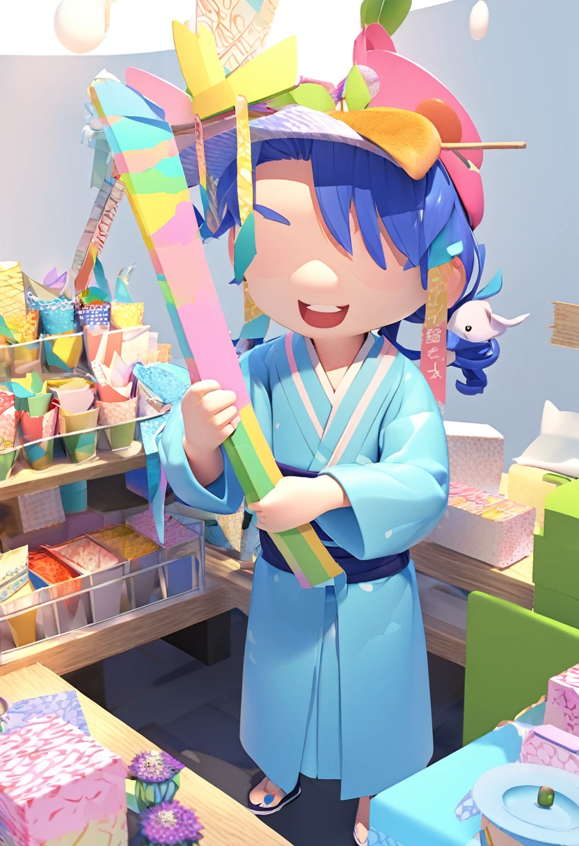 Tanabata Hikoboshi、Blue kimono full body、Please draw a cool guy Make it 3D
