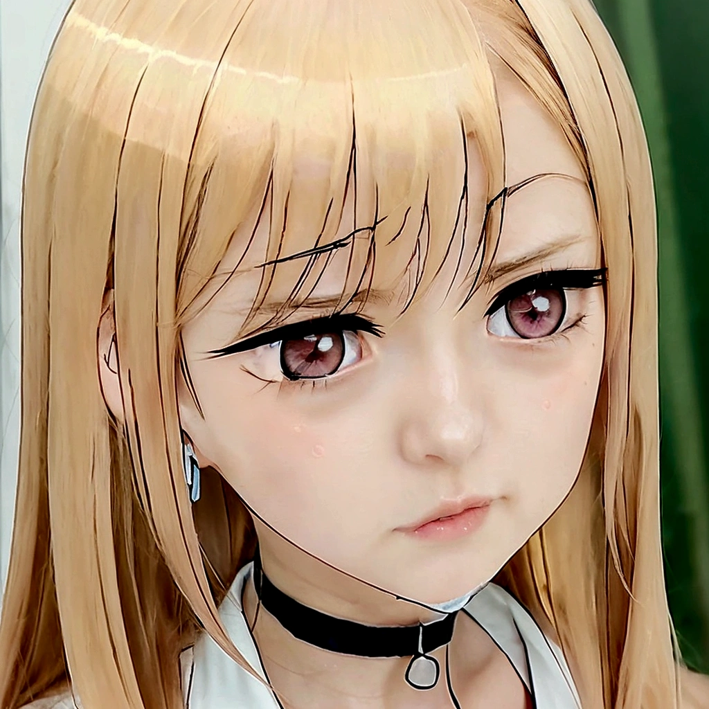 anime girl with pink eyes and a choker looking at the camera, anime visual of a cute girl, anime visual of a young woman, anime girl named lucy, female anime character, blonde anime girl with long hair, anime portrait of shiina ringo, anime best girl, as an anime character, cute natural anime face, close up of a young anime girl, perfect anime face
