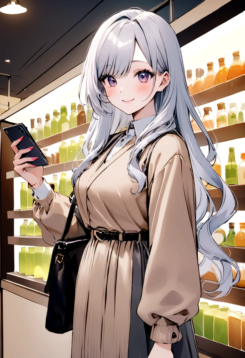 Background of the Stock Investment Chart Japanese 20th generation woman holding a smartphone Long hair smiling