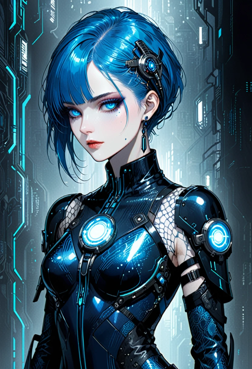 (in style of Harry Clarke:0.8),Character concept design,Cyberpunk style female character,Details: glowing steelblue eyes,Textured Skin, Gorgeous Clothing, short blue hair