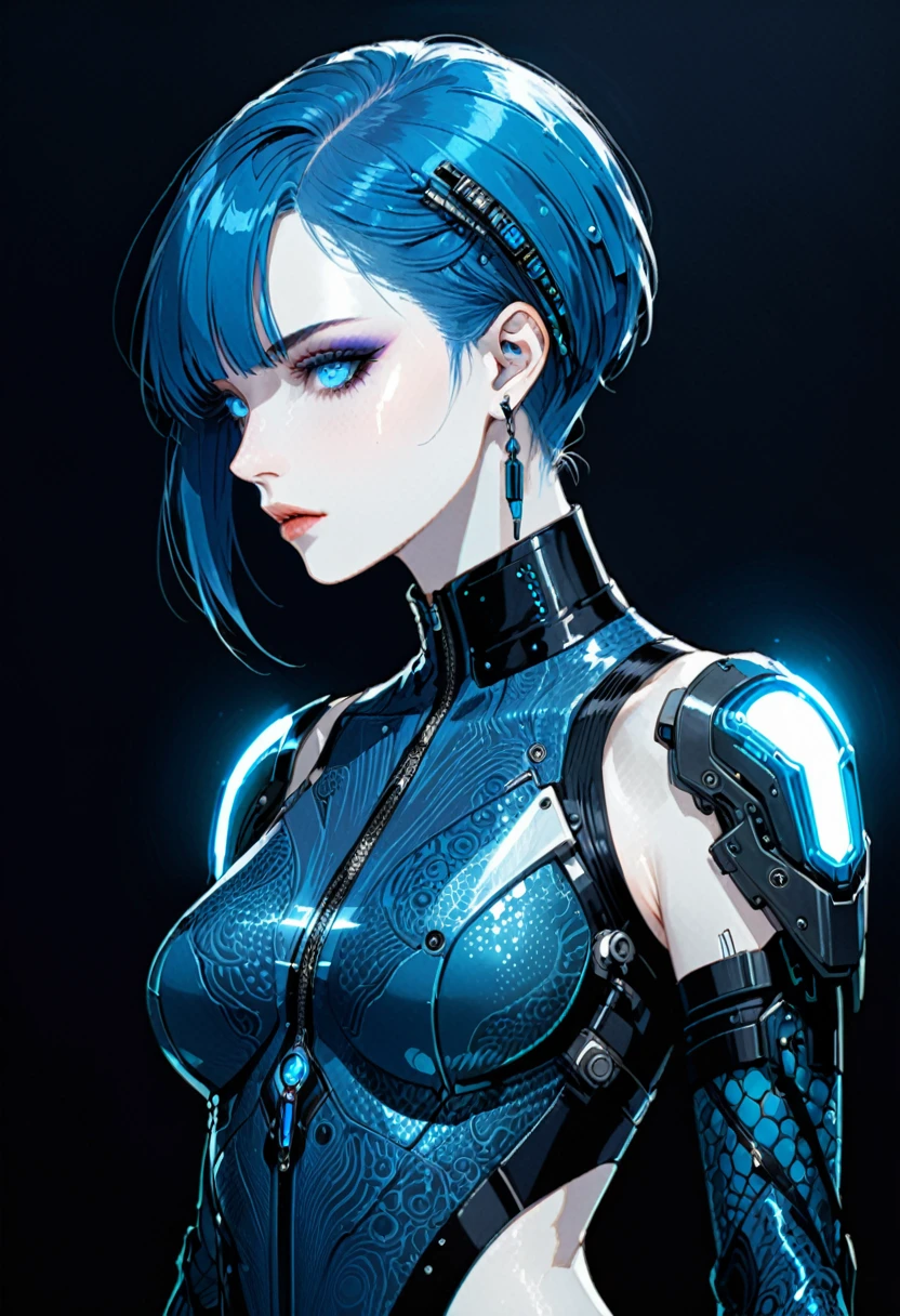 (in style of Harry Clarke:0.8),Character concept design,Cyberpunk style female character,Details: glowing steelblue eyes,Textured Skin, Gorgeous Clothing, short blue hair