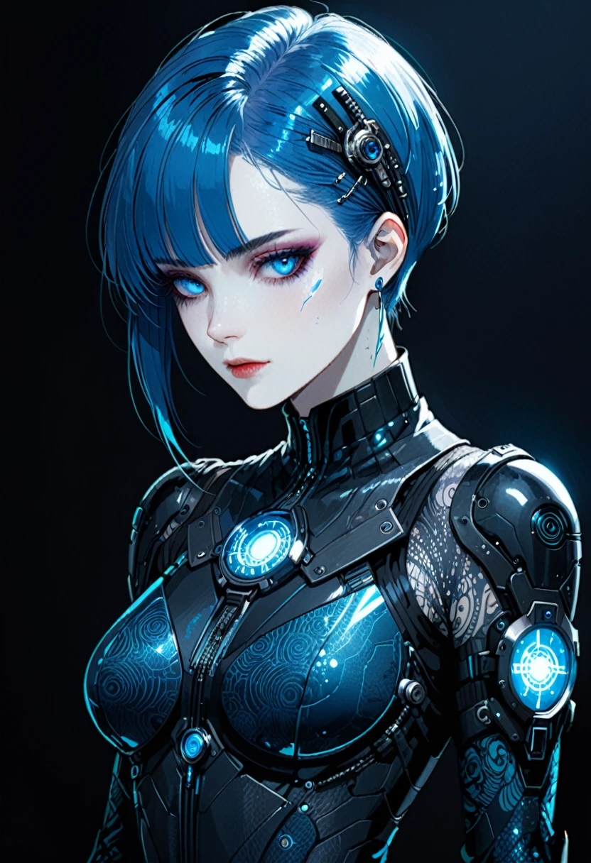 (in style of Harry Clarke:0.8),Character concept design,Cyberpunk style female character,Details: glowing steelblue eyes,Textured Skin, Gorgeous Clothing, short blue hair