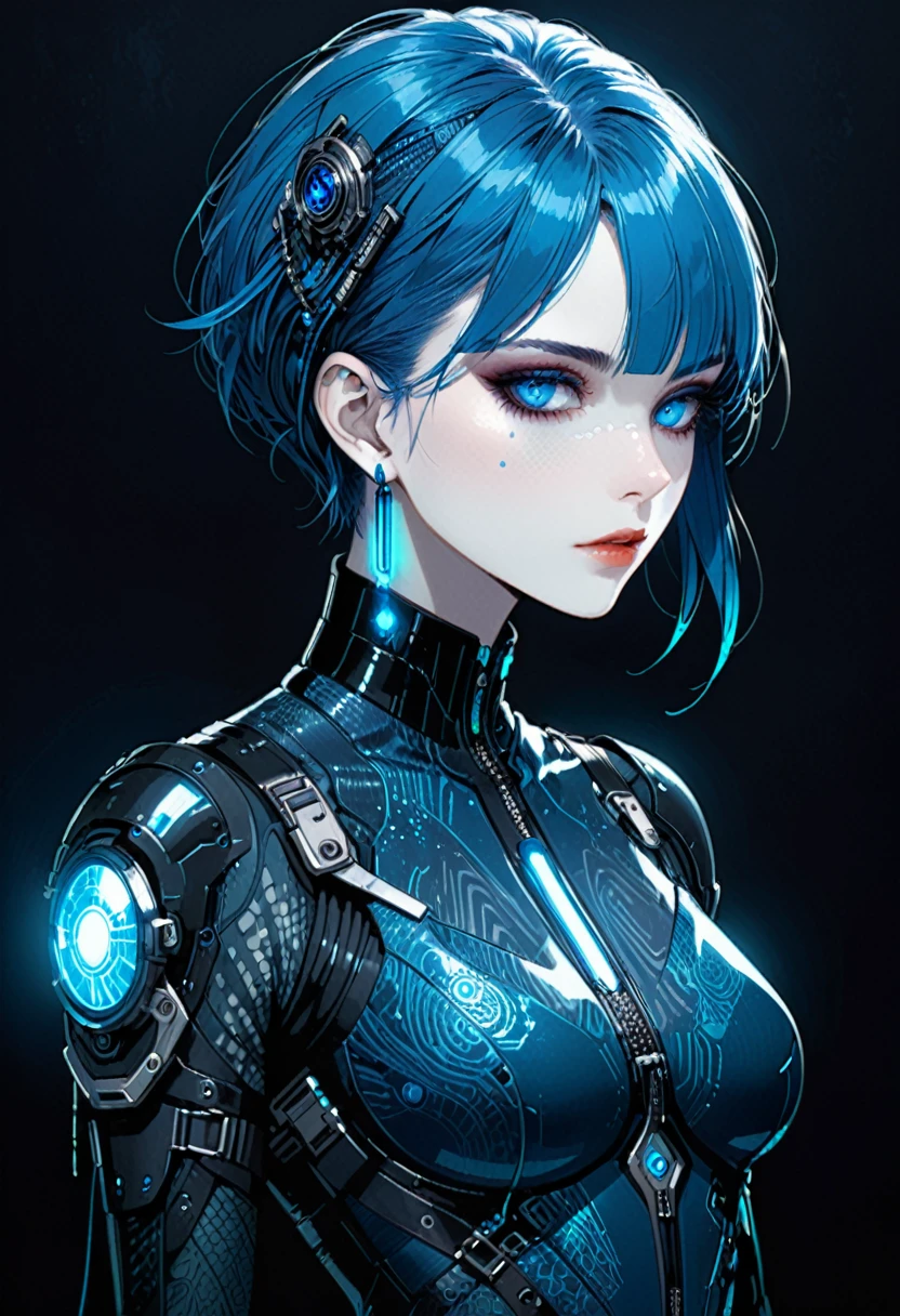 (in style of Harry Clarke:0.8),Character concept design,Cyberpunk style female character,Details: glowing steelblue eyes,Textured Skin, Gorgeous Clothing, short blue hair