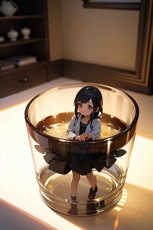 3Dオブジェ of a very cute girl figure in a jar, Masterpiece((must)), Palm-sized, Uplifting, The face is dense((must)), tiny miniature,  The living room is in the background