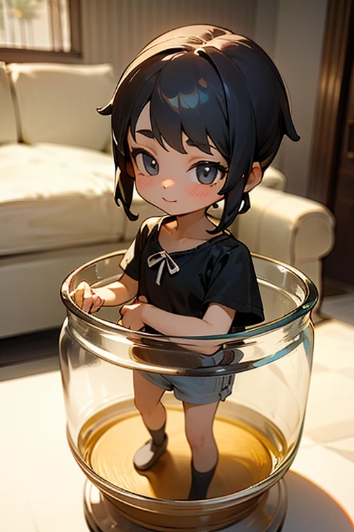 3Dオブジェ of a very cute girl figure in a jar, Masterpiece((must)), Palm-sized, Uplifting, The face is dense((must)), tiny miniature,  The living room is in the background