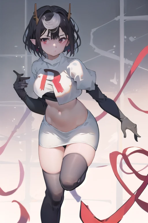 masterpiece, best quality, high quality, absurdres, intricate details, 8k, nice hands, perfect hands, 
1girl, solo, maouariel, looking at viewer, jewelry, team rocket,team rocket uniform,white skirt,red letter R,crop top,black thigh-highs,black elbow gloves
 