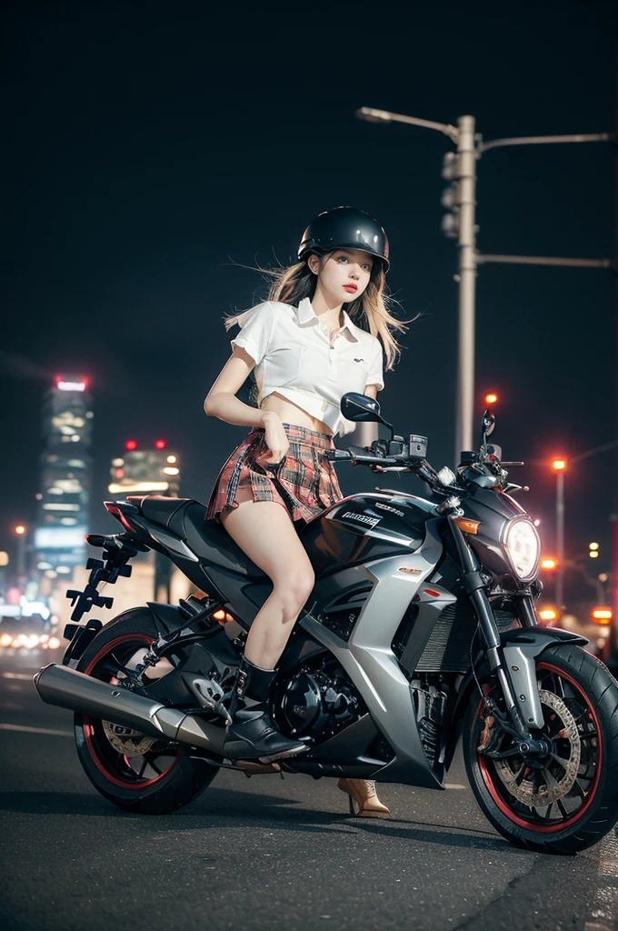 (((best quality))),(((ultra detailed))),(((masterpiece))),illustration,(1 beautiful girl,solo),((slim,thin)),((small breasts,flat chest)),(safety helmet:1.3),(shoulder length straight hair:1.2),slender legs,cyberpunk, urban street,high student, JK outfit,(riding on a motorcycle:1.3), sleek, (white collared short-sleeved shirt:1.3), (red checkered pleated skirt:1.3),(pantyhose:1.3), stylish boots, confidence, determination, dark streets, wind, hair blowing, neon lights, skyscrapers, urban noises, traffic, sirens, city sounds, futuristic, dystopian society, technology, fashion, explosive cocktail, style, , modernity, attitude, spirit, anything is possible,from front