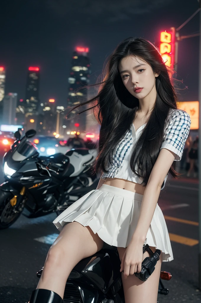 (((best quality))),(((ultra detailed))),(((masterpiece))),illustration,(1 beautiful girl,solo),((slim,thin)),((small breasts,flat chest)),(safety helmet:1.3),(shoulder length straight hair:1.2),slender legs,cyberpunk, urban street,high  student, JK outfit,(riding on a motorcycle:1.3), sleek, (white collared short-sleeved shirt:1.3), (red checkered pleated skirt:1.3),(pantyhose:1.3), stylish boots, confidence, determination, dark streets, wind, hair blowing, neon lights, skyscrapers, urban noises, traffic, sirens, city sounds, futuristic, dystopian society, technology, fashion, explosive cocktail, style, , modernity, attitude, spirit, anything is possible,from front