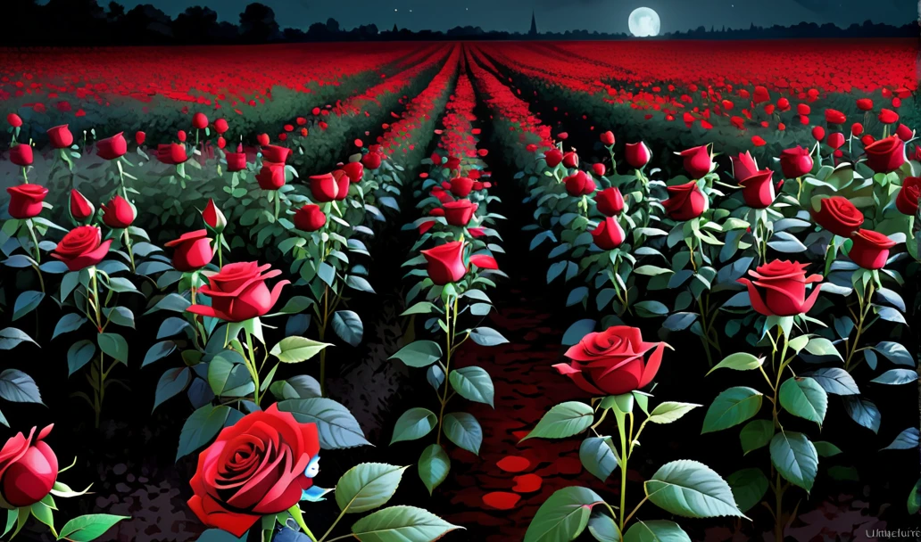 A field of blood roses, on a dark night