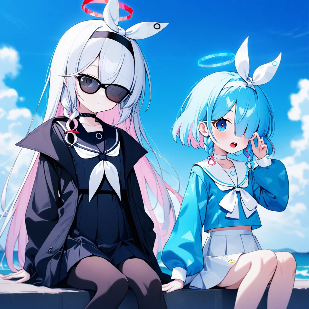 2girls wearing sunglasses, blue archive, arona \(blue archive\), plana \(blue archive\), adjusting_eyewear, black choker, black coat, black eyes, black hairband, black pantyhose, black sailor collar, black serafuku, black shirt, black skirt, blue eyes, blue hair, blue halo, blue pupils, blue shirt, blue sky, blush, bow hairband, braid, breasts, buttoned cuffs, buttons, choker, closed mouth, cloud, coat, colored inner hair, day, film grain, hair over one eye, hair ribbon, hairband, halo, light blue hair, long hair, long sleeves, looking at viewer, miniskirt, multicolored hair, multiple girls, neckerchief, open mouth, outdoors, pantyhose, pink hair, pleated skirt, puffy long sleeves, puffy sleeves, red halo, ribbon, sailor collar, sailor shirt, serafuku, shirt, short hair, side braid, single braid, sitting, skirt, sky, small breasts, sunglasses, teeth, thighs, two-tone hair, upper teeth only, white choker, white hair, white hairband, white neckerchief, white ribbon, white sailor collar, white skirt