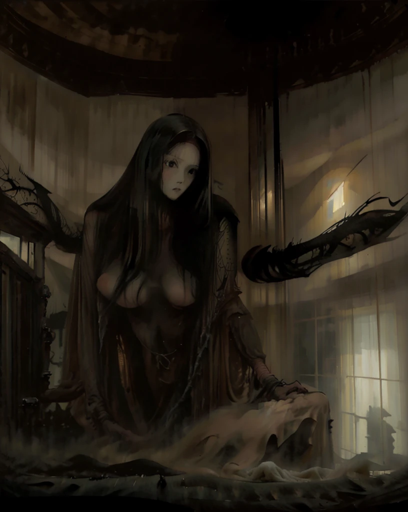 ((best quality)), ((masterpiece)), (detailed), long shot, nude pale women, big , tentacles face, very tall, very long black hair, flying upside down, alone in gloomy dark mist creepy abandoned bedroom,wearing transparent, artistic, extra details, ultra details