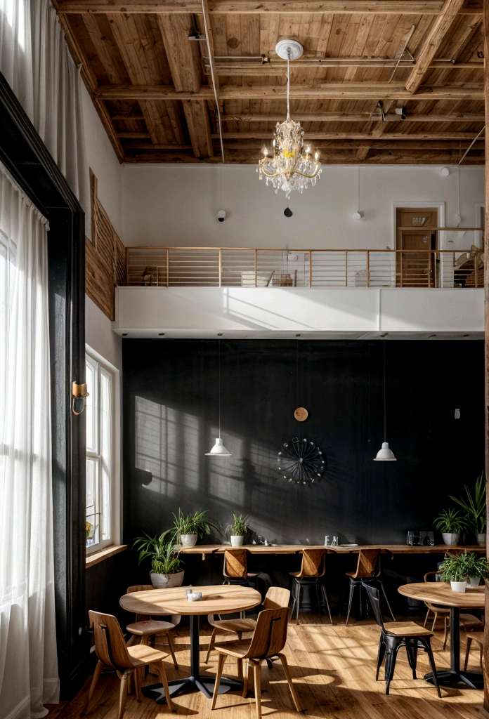 create IT and coworking environment with white walls and one with osb covering, black ceiling, tables with wooden tops, black chairs, some tables with notebook, non-environmental plants, light wooden floor, the image logo, yellow chandeliers, people in the environment, smooth walls, one of the osb board walls , yellow half moon chandelier on the outside