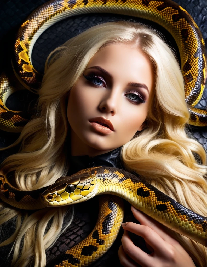 very attractive 25 year old girl with long platinum blonde hair, a beautiful woman lying with many snakes, intricate snake coils and curves, alluring pose, erotic expression, detailed snake scales, graceful intertwining, mesmerizing eyes, mysterious atmosphere, dark background, vibrant colors, mystical lighting, dramatic contrast of light and shadow, photo quality