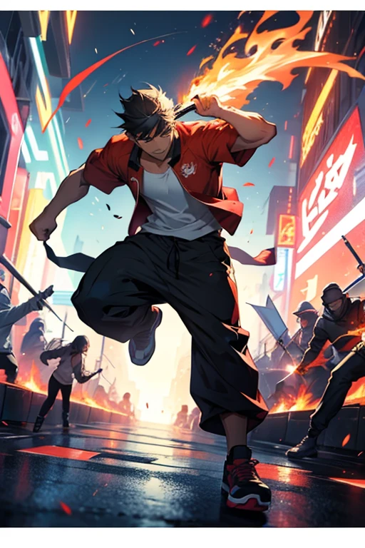 Flame effect Holding a card in the right hand Running Battle manga Casual clothing Front view