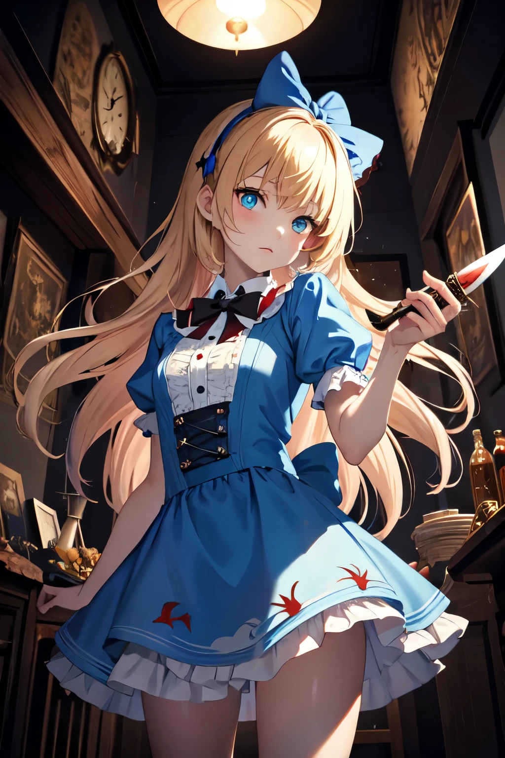 masterpiece, best quality, 1girl, solo, Alice in wonderland, crazy, sinister, knife, cowboy shot