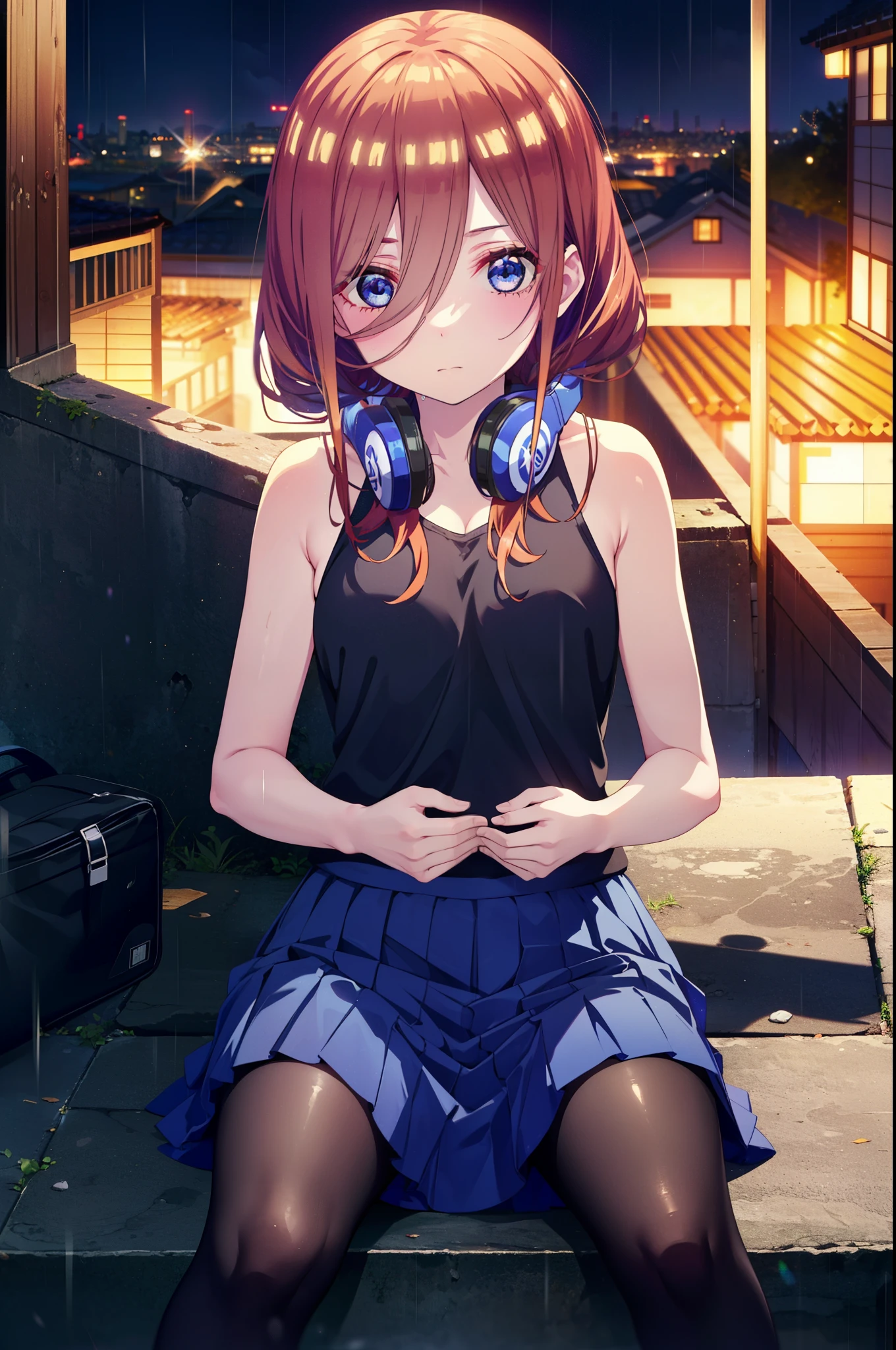 miku nakano, Nakano Miku Ticket III, Long Hair, bangs, blue eyes, Brown Hair, Hair between the eyes,Headphones around neck,Blue Tank Top,Long skirt,Black pantyhose,sneakers,rain,Hiding in a roofed building,Sitting on the stairs,whole bodyがイラストに入るように,
break outdoors, Alley,
break looking at viewer, whole body,
break (masterpiece:1.2), Highest quality, High resolution, unity 8k wallpaper, (figure:0.8), (Beautiful attention to detail:1.6), Highly detailed face, Perfect lighting, Highly detailed CG, (Perfect hands, Perfect Anatomy),