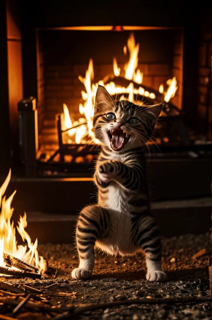 A kitten screaming with fright, putting its paws to its head with a fire in the background, and a coconut