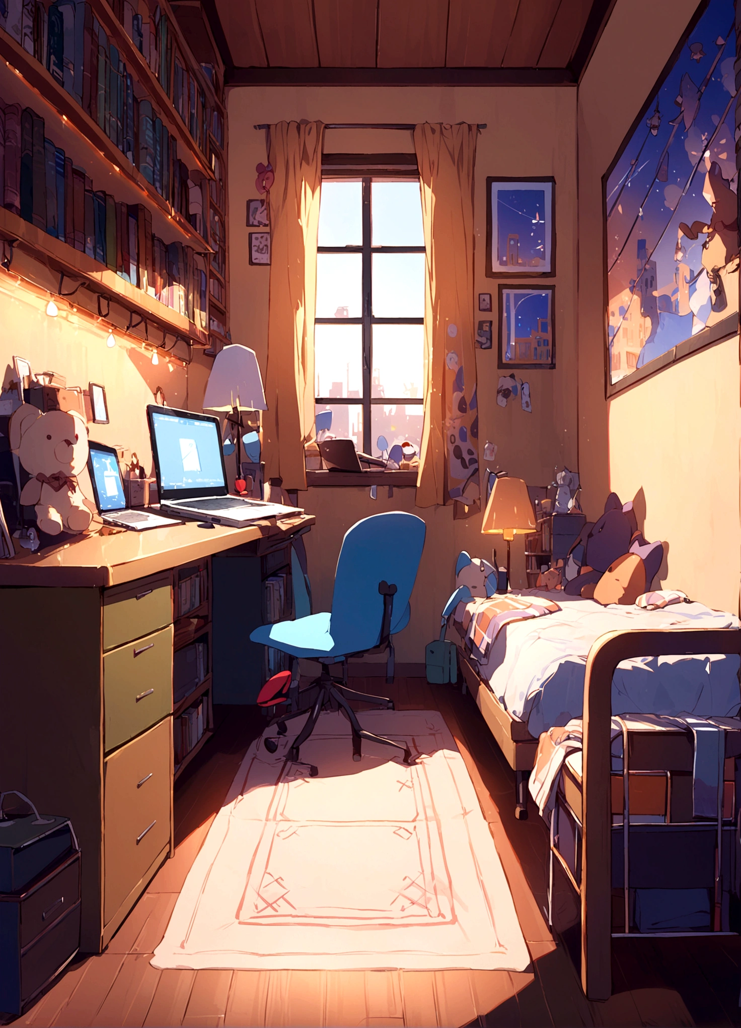 Small white bed、Wooden desk、Chair、laptop、White Matt、lamp、Bookshelf、closet、stuffed toy、window、Warm Light、background