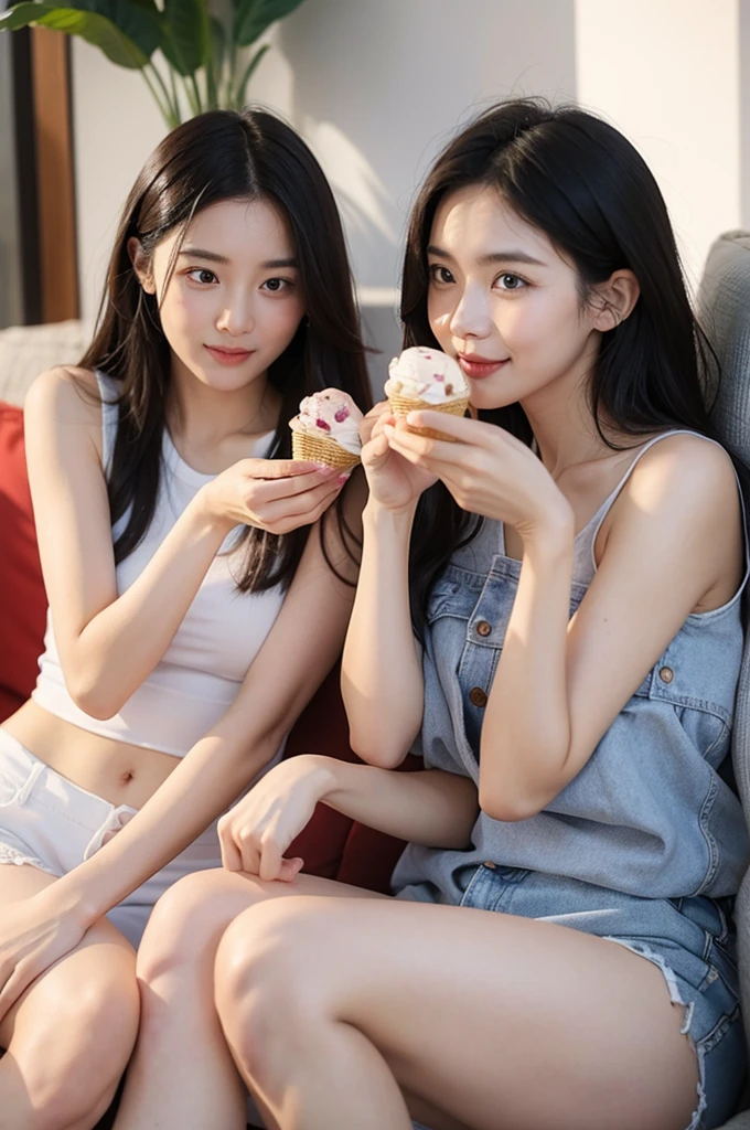 A scene of a couple in their 20s eating ice cream
