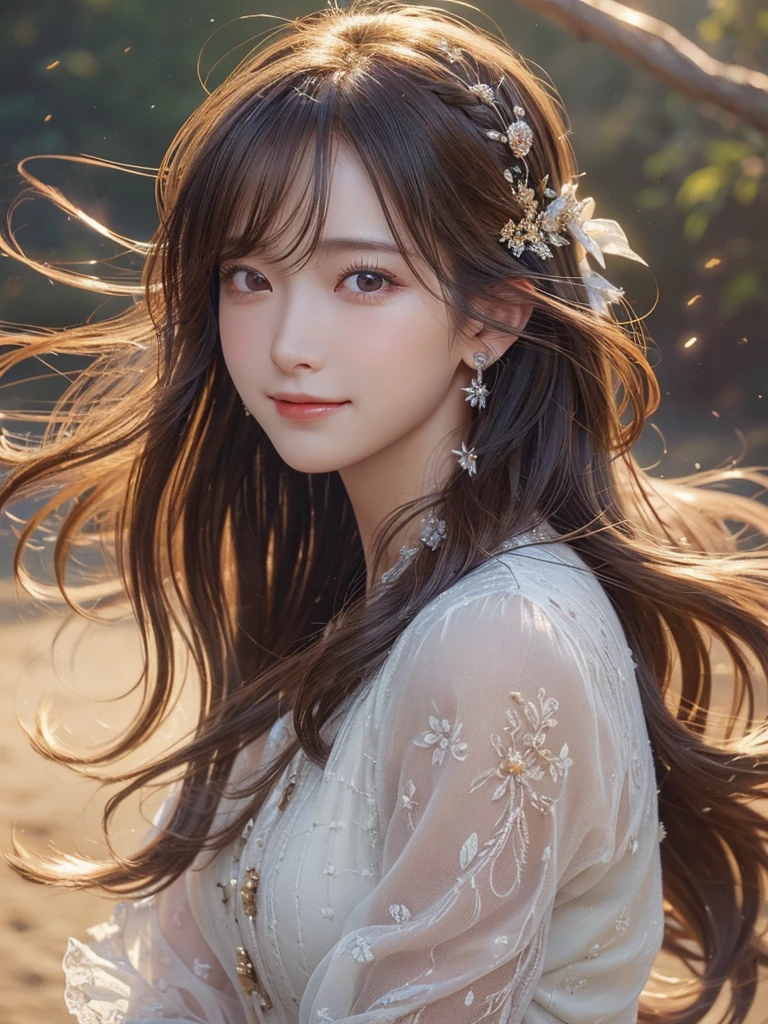 ((Highest quality)),(Ultra-high resolution),(Very detailed),(Detailed Description),((The best CG)),(masterpiece),Ultra-detailed art, semi-long、A gentle smile、Hair blowing in the wind、