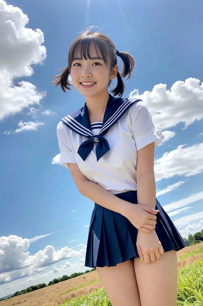 girl standing in rural field,cumulonimbus cloud in summer blue sky,white sailor shirt,navy blue pleated skirt fluttering up in wind,white panties,18-year-old,bangs,a little smile,thighs,knees,short hair with low pigtails bunches blowing in wind,from below,front light