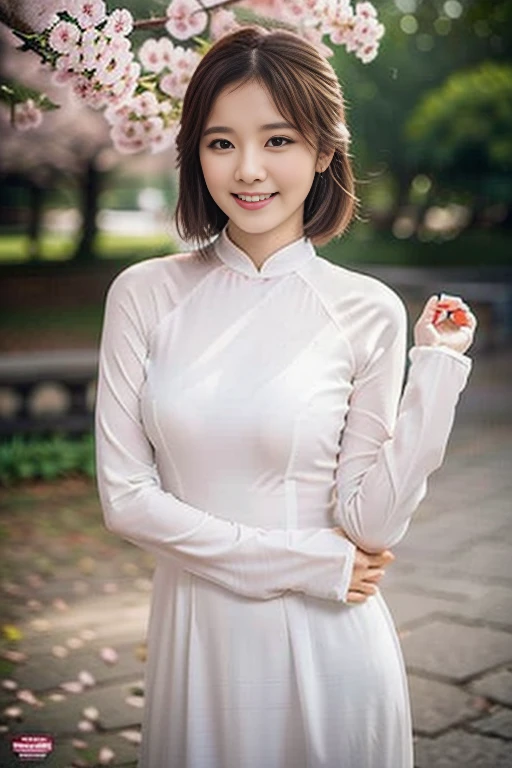 (a gorgeous lady, age 18, Vietnamese traditional dress Ao Dai, posing at Takada Castle Park Cherry Blossom, friendly expression, dimpled smile, cute snaggle-tooth, short hair ponytail, beautiful detailed face, beautiful detailed eyes, ample round bosom, photorealistic, hyper-realism, high contrast, ultra HD, realistic skin textures, top image quality, top-quality, super high resolution, fine details, very meticulously, masterpiece, head to thigh, the Cowboy shot, romantic stunning, bokeh background)