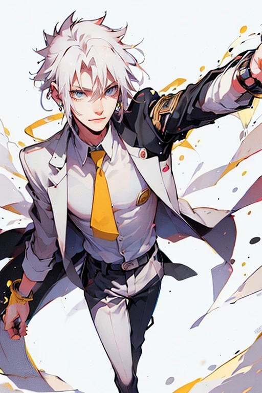 1 male (tall man, slim, manly, dominate,  half black colored-hair, half white colored- hair, yellow-colored-eyes, tough, wearing a sci-fi outfit, has 1 earring.) best quality, ultra-detailed, illustration, complex, detailed, extremely detailed, detailed face, soft light, soft focus, perfect face, illustration: Full Body