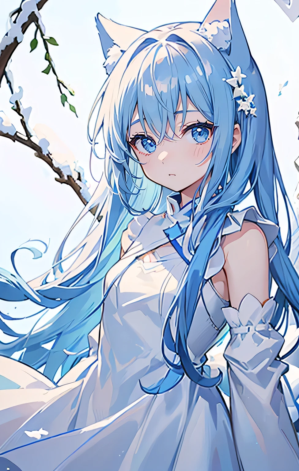 (muste piece), (best quality), very detailed, 1 girl, perfect face, very detailed顔, light blue hair，(blue eyes:1.4)，(simple white dress:1.5)，snow cat, white cat ear, Snowflakes, winter, Tree branches with white flowers, winter background, background, forest, cold