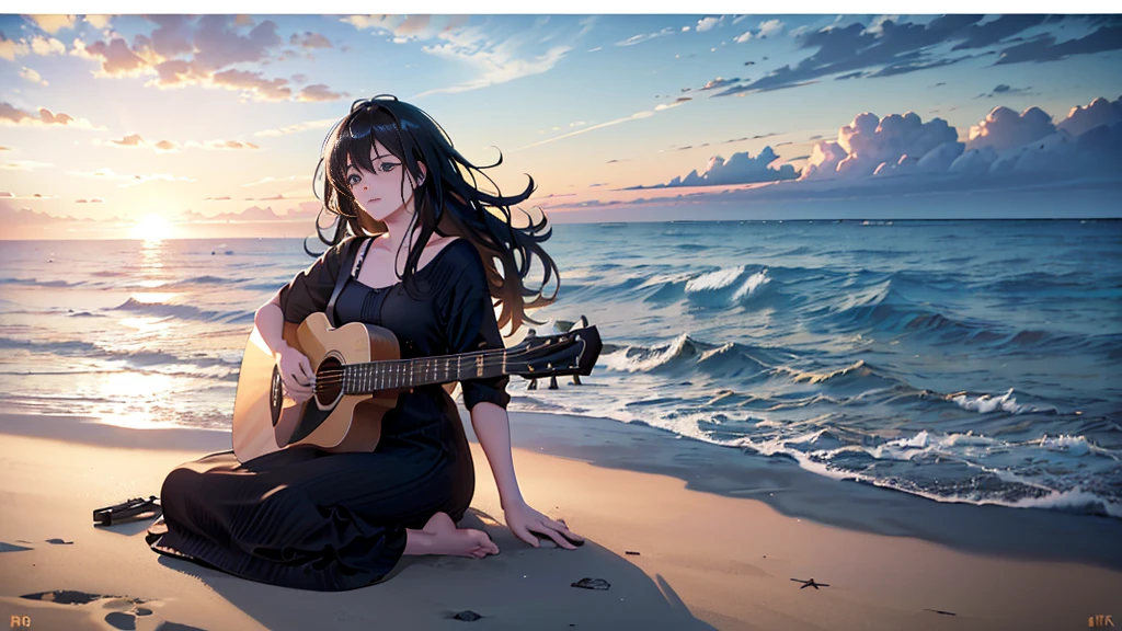 a woman sitting on the beach, playing a guitar, long black hair, thoughtful expression, (best quality,4k,8k,highres,masterpiece:1.2),ultra-detailed,(realistic,photorealistic,photo-realistic:1.37),landscape, natural lighting, moody atmosphere, golden hour, cinematic, emotional, melancholy, peaceful, coastal scenery, waves crashing, sandy beach, overcast sky