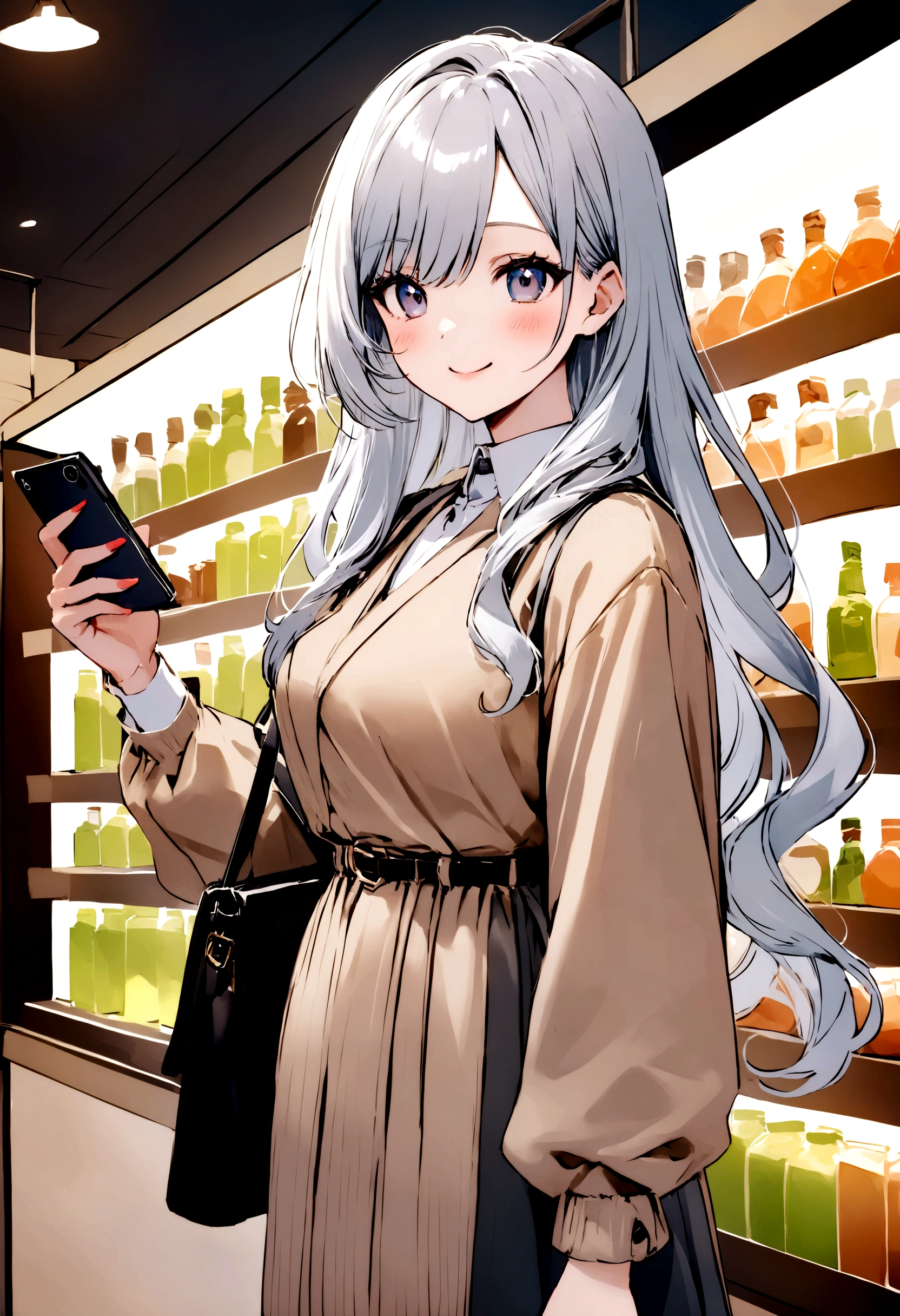 Background of the Stock Investment Chart　Japanese　20th generation　woman　holding a smartphone　Long hair smiling