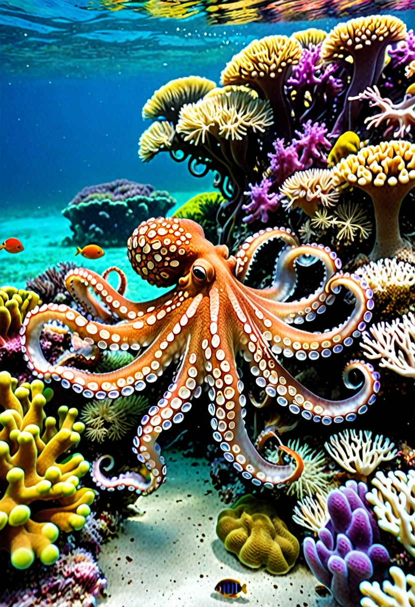 (In the water), (octopus:1.3), colorful coral reef ,In the water, Coral, Crystal clear water, ,Detailed marine plants, Vibrant colors, Quiet atmosphere, Calm, swaying seaweed ,A dazzling array of colors , (Highest quality,High resolution:1.2), (In the water photography), (Vibrant), (Soft and diffuse lighting)