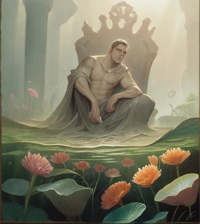 Tattoo on body、There is a man holding flowers in his hands, album art, realism art, Sitting on an underwater throne, Art Cover, realism art style, album, Realistic art, Official Artwork, realism artstyle, music album art, Adam Dario Kiel, Realistic artwork, album Art Cover, Official Art, Little Peep, inspired Adam Dario Kiel