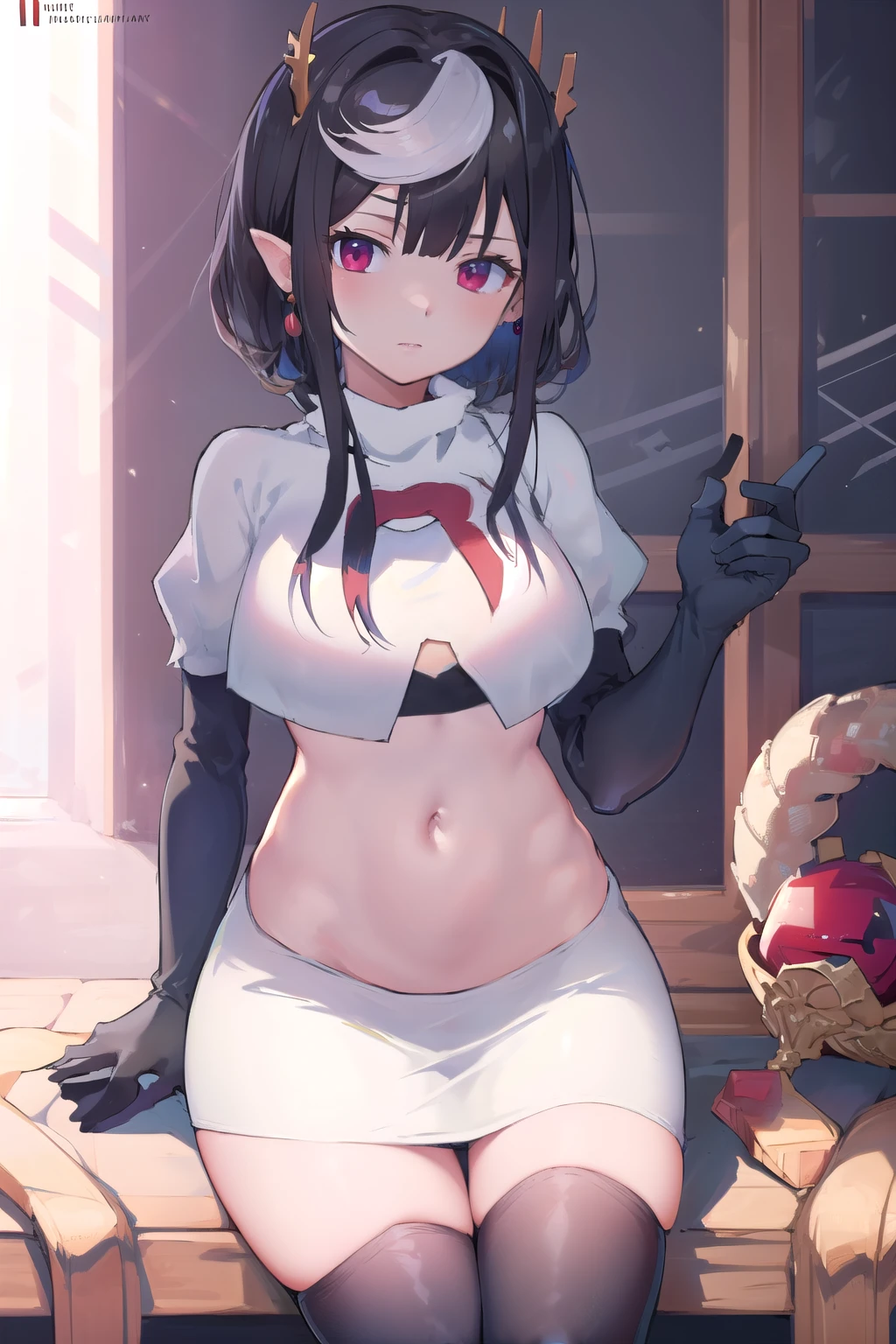 masterpiece, best quality, high quality, absurdres, intricate details, 8k, nice hands, perfect hands,
1girl, solo, maouariel, looking at viewer, jewelry, team rocket,team rocket uniform,white skirt,red letter R,crop top,black thigh-highs,black elbow gloves