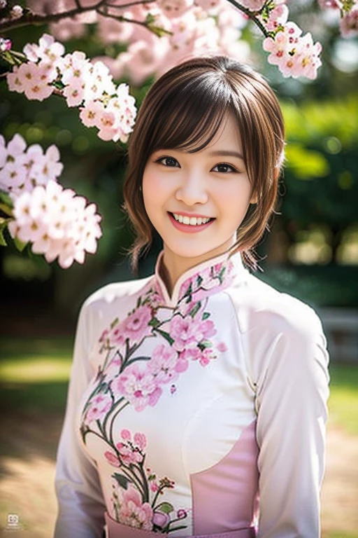 (a gorgeous lady, age 18, Vietnamese traditional dress Ao Dai, posing at Takada Castle Park Cherry Blossom, friendly expression, dimpled smile, cute snaggle-tooth, short hair ponytail, beautiful detailed face, beautiful detailed eyes, ample round bosom, photorealistic, hyper-realism, high contrast, ultra HD, realistic skin textures, top image quality, top-quality, super high resolution, fine details, very meticulously, masterpiece, head to knees, the Cowboy shot, romantic stunning, bokeh background)