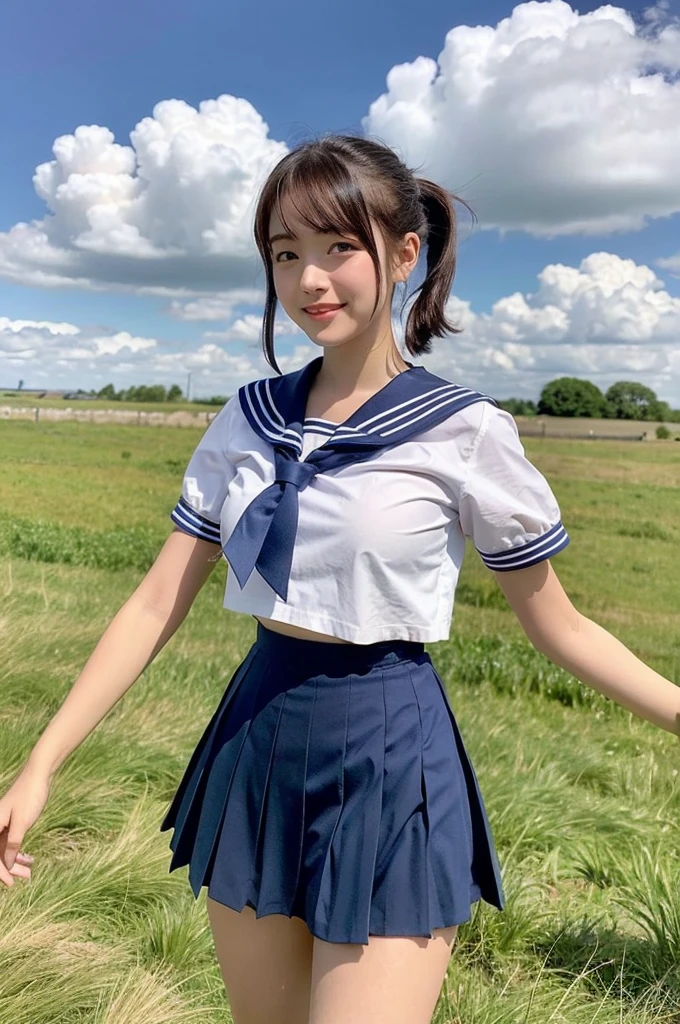 girls standing in windy rural field,cumulonimbus cloud in summer blue sky,white sailor shirt,navy blue pleated skirt fluttering up in wind,white panties,18-year-old,bangs,a little smile,thighs,knees,short hair with low pigtails bunches blowing in wind,from below,front light