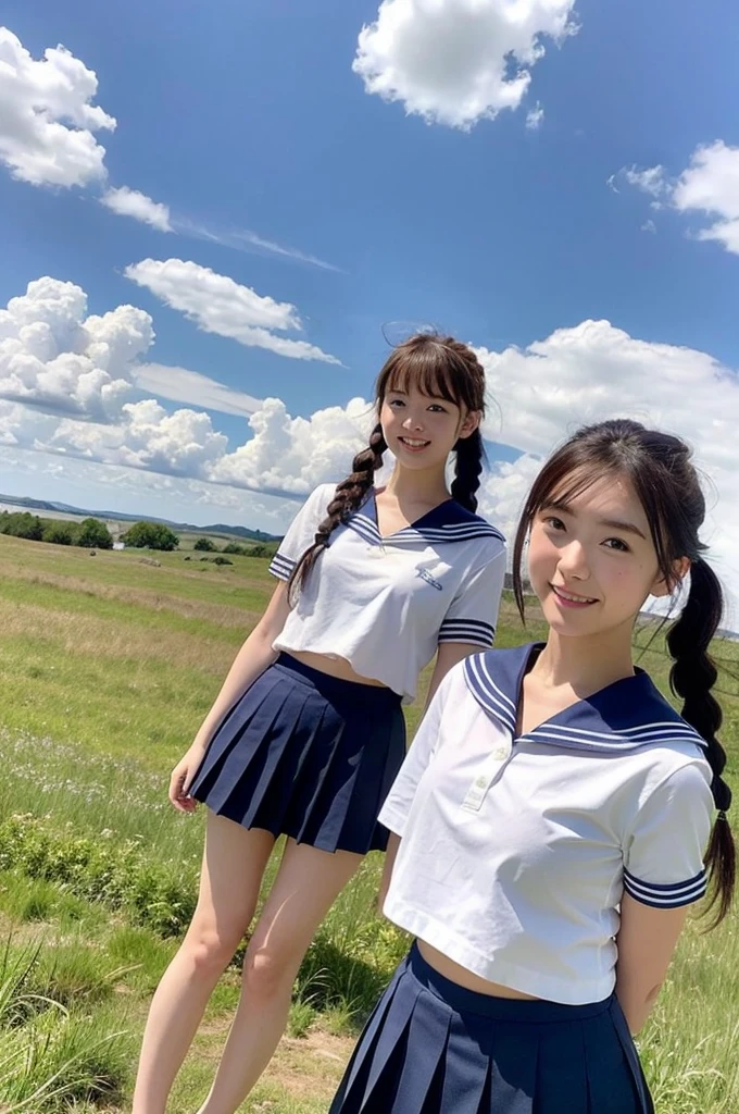 girls standing in windy rural field,cumulonimbus cloud in summer blue sky,white sailor shirt,navy blue pleated skirt fluttering up in wind,white panties,18-year-old,bangs,a little smile,thighs,knees,short hair with low pigtails bunches blowing in wind,from below,front light
