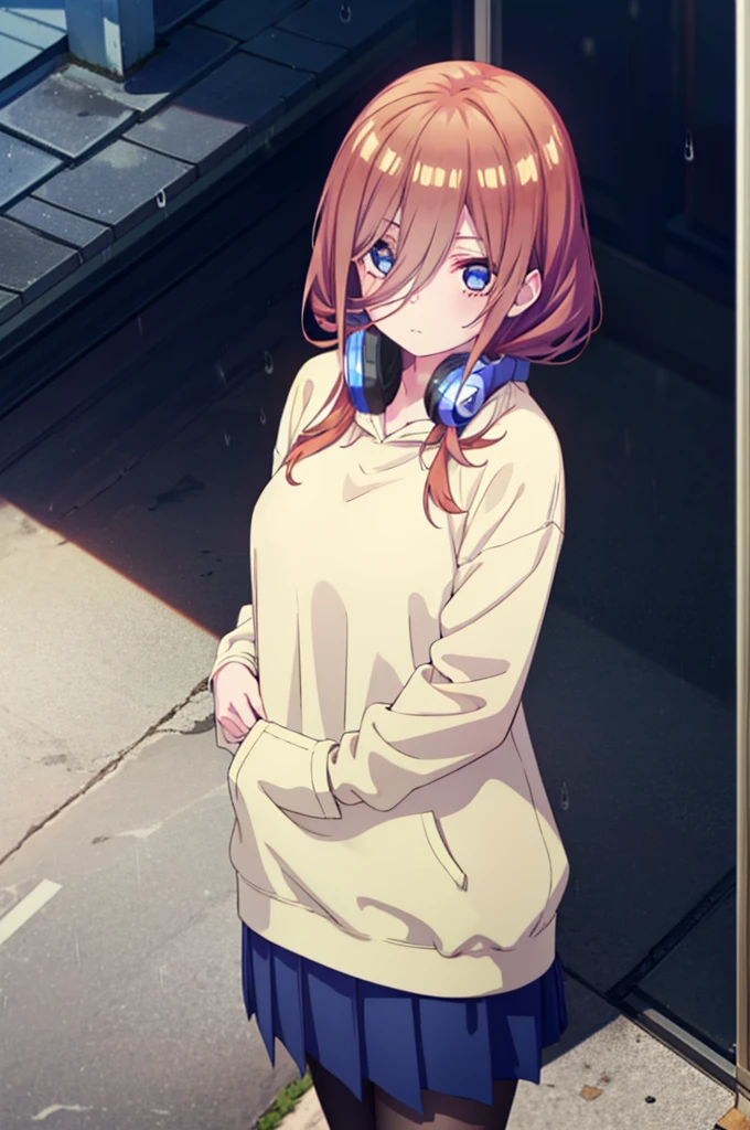 miku nakano, Nakano Miku Ticket III, Long Hair, bangs, blue eyes, Brown Hair, Hair between the eyes,Headphones around neck,Oversized blue hoodie,Long skirt,Black pantyhose,sneakers,rain,Hiding in a roofed building,Standing with my back against the wall,whole bodyがイラストに入るように,
break outdoors, Alley,
break looking at viewer, whole body,
break (masterpiece:1.2), Highest quality, High resolution, unity 8k wallpaper, (figure:0.8), (Beautiful attention to detail:1.6), Highly detailed face, Perfect lighting, Highly detailed CG, (Perfect hands, Perfect Anatomy),