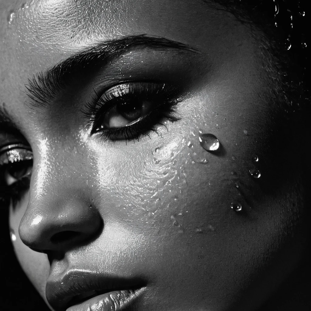 close up and zoomed in on a beautiful black girl with crying a water teardrop running down her face and a black background, close up on side profile only showing cheek and eyelight falling on face, noir photorealism, mysterious portrait of a woman, chiaroscuro portrait, grainy black and white photo. close up on side profile, tinashe, zoe kravitz, zoomed in on tear drop